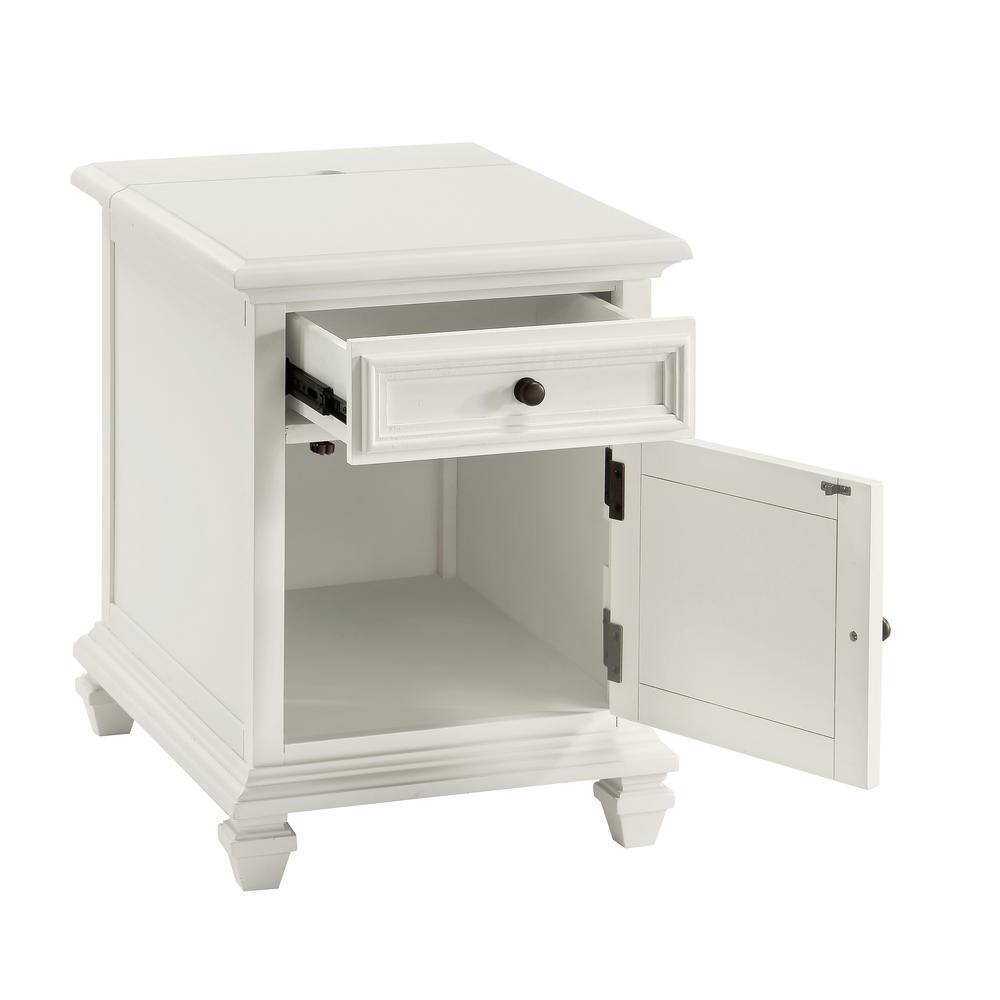 White Rectangular Wood Storage End Table with USB Ports