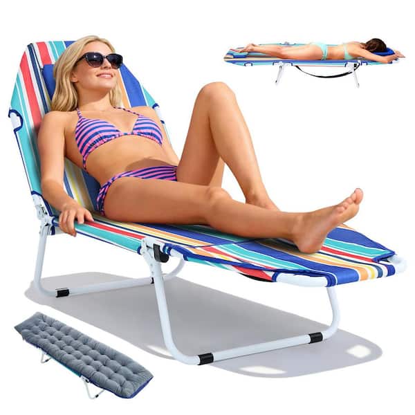 Sun Tanning Chair w/ Face Hole Portable Lay Flat Beach Lounge Chair w/ Adjustable 5-Position Folding Chaise Lounge Chair