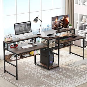 Cassey 94.5 in. Rectangular Brown Engineered Wood Computer Desk with Hutch Shelf for Two Person