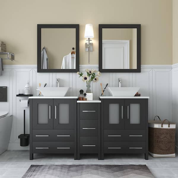 Ravenna 60 in. W Bathroom Vanity in Espresso with Double Basin in White Engineered Marble Top and Mirror