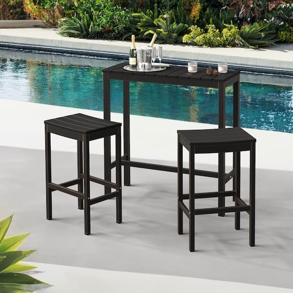 LUE BONA Humphrey 3 Piece 45 in. Black Alu Outdoor Patio Dining Set Pub Height Bar Table Plastic Top With Bar Stools For Balcony
