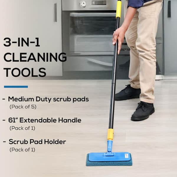 Medium Duty Cleaning Scrubbing Pads 5-Pieces Bundle w/ Threaded Swivel EZ Scrub Pad Holder and 61 in. Extendable Handle