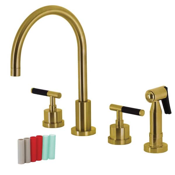 Kingston Brass Kaiser 2-Handle Deck Mount Widespread Kitchen Faucets with Brass Sprayer in Brushed Brass
