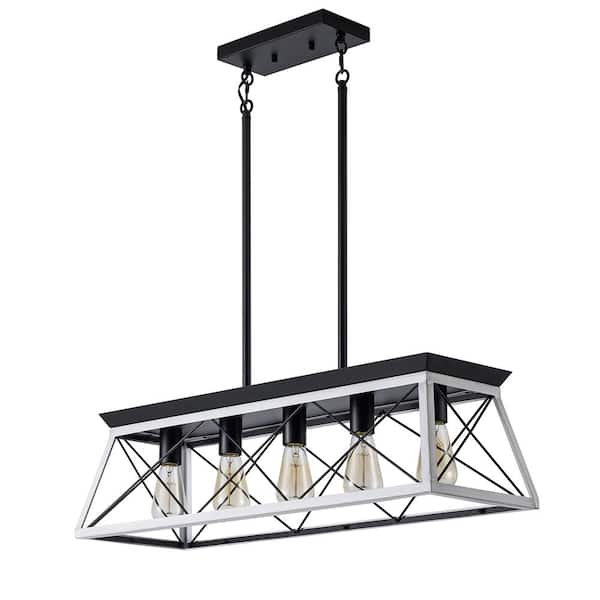 FIRHOT 5-Light White Metal Geometric Farmhouse Chandelier for Kitchen Island with Rustic Rectangle Frame
