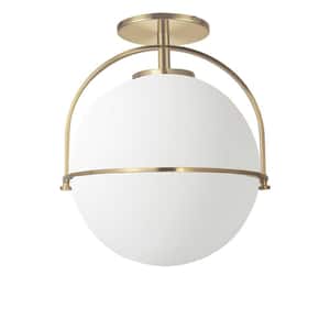 Paola 11.5 in. 1-Light Aged Brass Semi-Flush Mount with White Opal Glass Shade