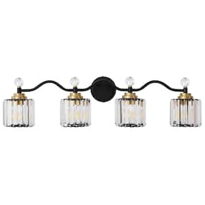 Modern Luxury 34.8 in. 4-Light Black and Gold Vanity Light with Crystal Shade for Bathroom
