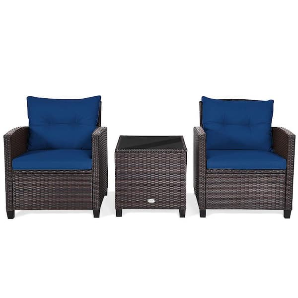 HONEY JOY Brown 3-Pieces Wicker Patio Conversation Set Outdoor Rattan Furniture with Navy Cushions