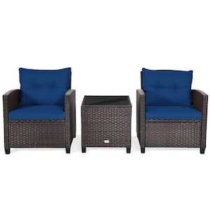 Brown 3-Pieces Wicker Patio Conversation Set Outdoor Rattan Furniture with Navy Cushions