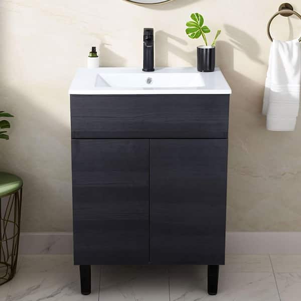 Comllen 24 in. W x 18 in. D x 35 in. H Black Bathroom Vanity Single with White Porcelain Sink