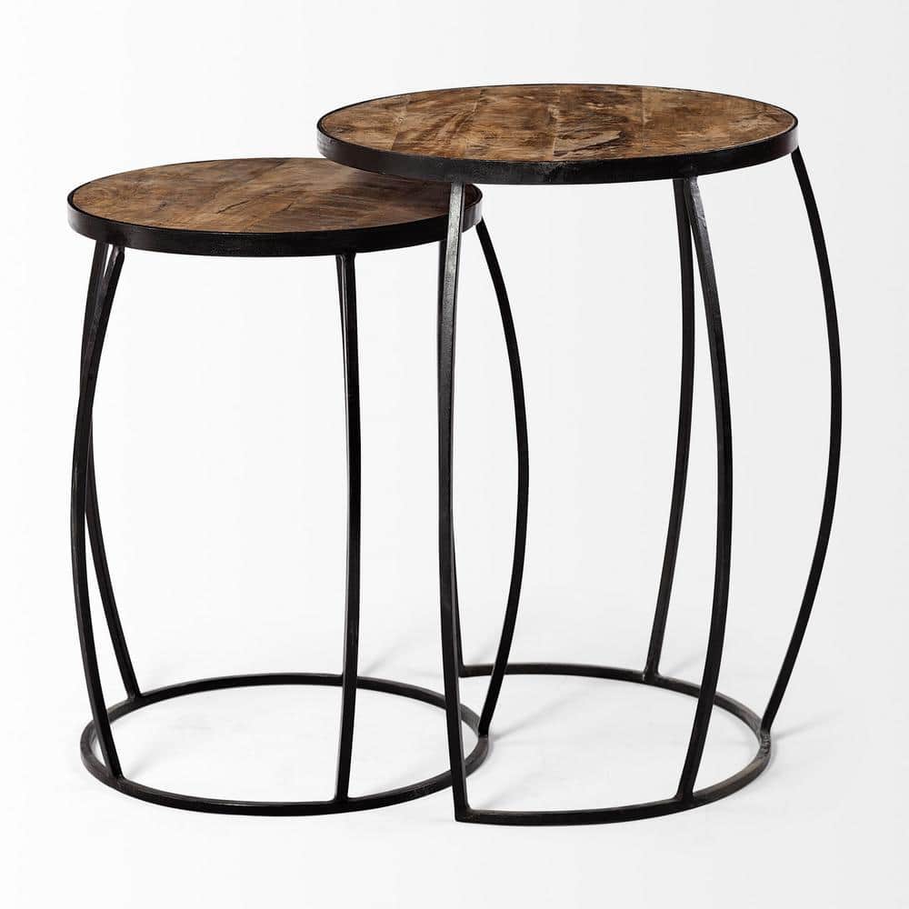 Medium Brown Round Mango Wood and Black Iron Nesting Accent Tables Set