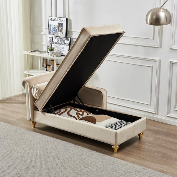 Harper & Bright Designs Modern Beige Soft Velvet Chaise Lounge with Hidden Storage and Gold Metal Legs
