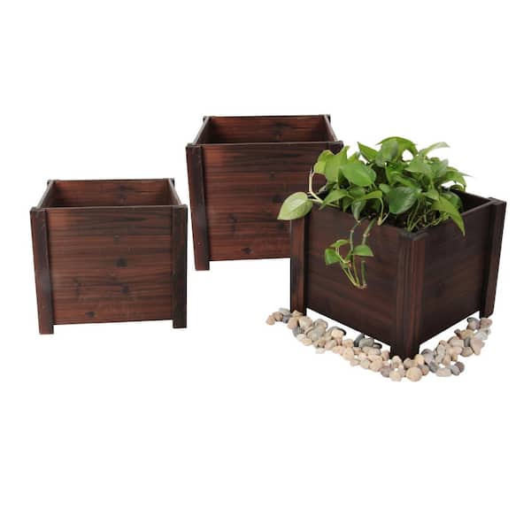 Leisure Season Medium 12 in. W x 12 in. D x 10 in. H Square Wooden Brown Planter (3-Pack)