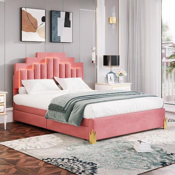 Harper & Bright Designs Pink Wood Frame Queen Size Velvet Upholstered ...