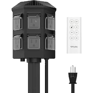 6-Outlets Grounded Outdoor Power Stake Timer with 100 ft. Range Remote Control& 6 ft. Extension Cord Waterproof in Black