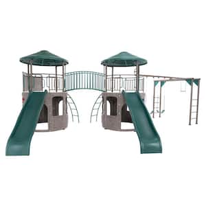Double Adventure Steel Tower Outdoor Playset with Monkey Bars