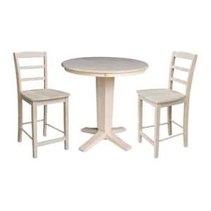 Aria 3pc 36 in. Unfinished Solid Wood Round Top Dining Set Counter Height Pedestal Dining Table with 2 Madrid Stools