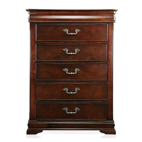 Benjara 15.5 in. Cherry 5-Drawer Wooden Chest of Drawers