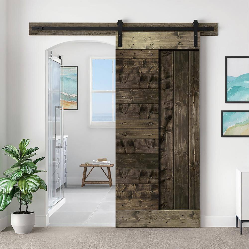 Espresso Pine Wood Classic Barn Door Kit with Matte Black Hardware