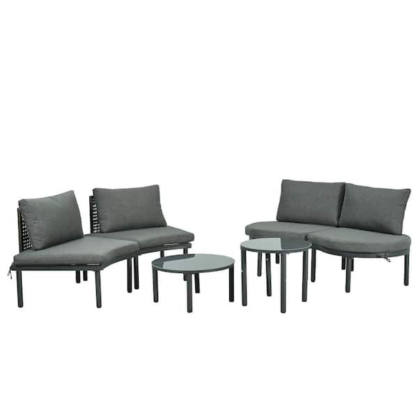 6-Piece Patio Sofa Furniture Set, Half Moon Outdoor Sectional Sofa with 2 High-Low Coffee Tables and Gray Cushions