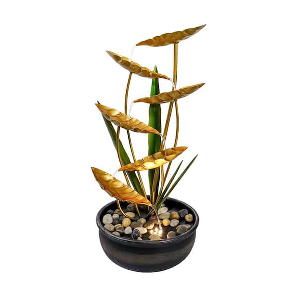 Watnature Metal Gold Lotus Fountain - 22.6 in. 6-Tiered Garden Fountains Outdoor with LED Lights for House, Garden, Patio, Lawn