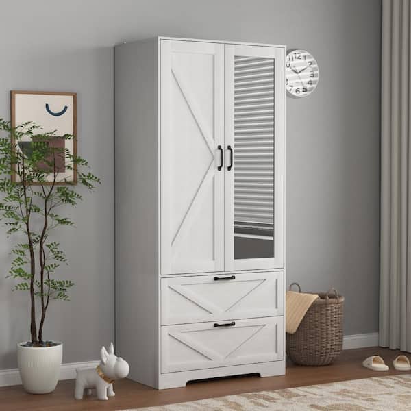 White Wood 31.5 in. 2 Door Wardrobe Armoire Closet with 2 Drawers, Mirror, Built-in Induction Light