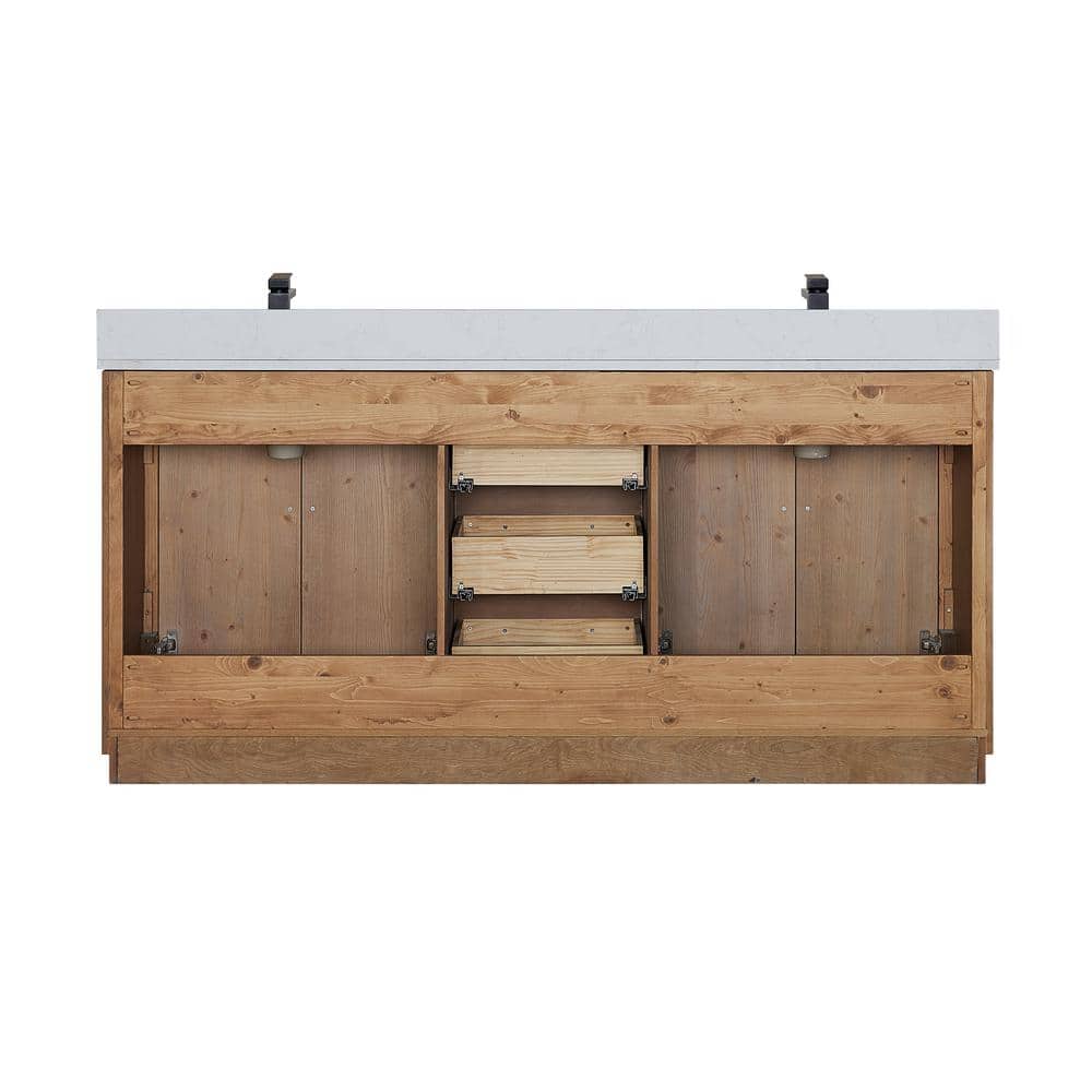Anais 72" Light Brown Fir Wood Vanity with White Stone Top and Mirror