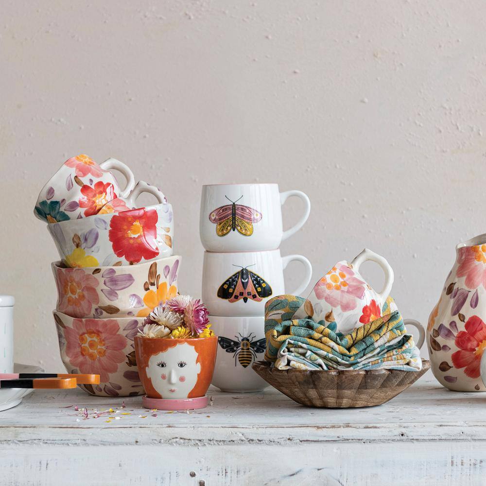 Set of Four White Ceramic Mugs with Winged Insects