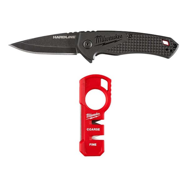 Milwaukee 2.5 in. Hardline D2 Steel Smooth Blade Pocket Folding Knife with Compact Jobsite Knife Sharpener (2-Piece)