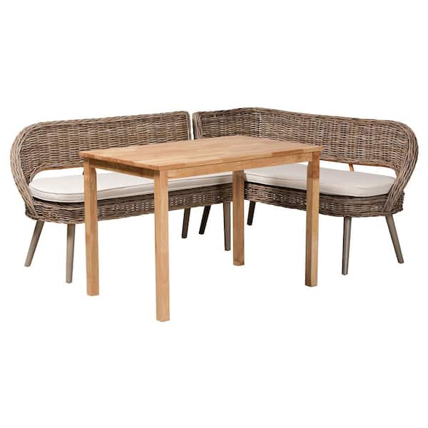 Raisa 3-Piece Greywashed Rattan and Oak Brown Wood Top Dining Set