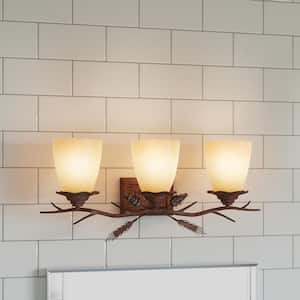 Lodge 3-Light Weathered Spruce Rustic Bathroom Vanity Light with Sunset Glass Shades