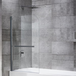 31 in. W x 55 in. H Pivot Frameless Tub Door in Stainless Steel Finish with Temper Glass