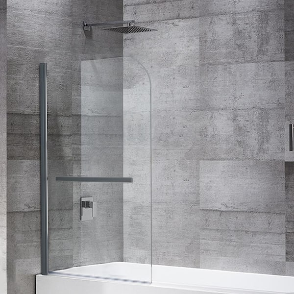 Maincraft 31 in. W x 55 in. H Pivot Frameless Tub Door in Stainless Steel Finish with Temper Glass