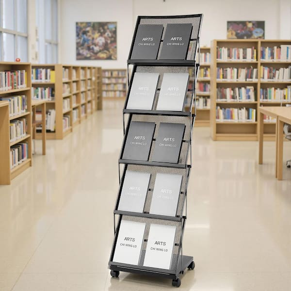 Brochure Display Rack, Movable Floor Standing Magazine Rack 15.35 in. W x 64.96 in. H with Wheels Black Metal