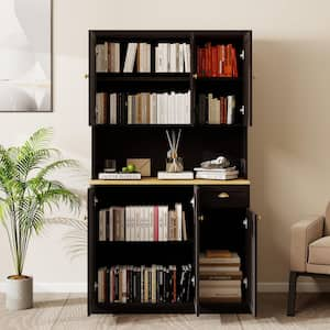 Black Kitchen Pantry Storage Cabinet with Microwave Oven Countertop, Freestanding Hutch Cabinet with Adjustable Shelves