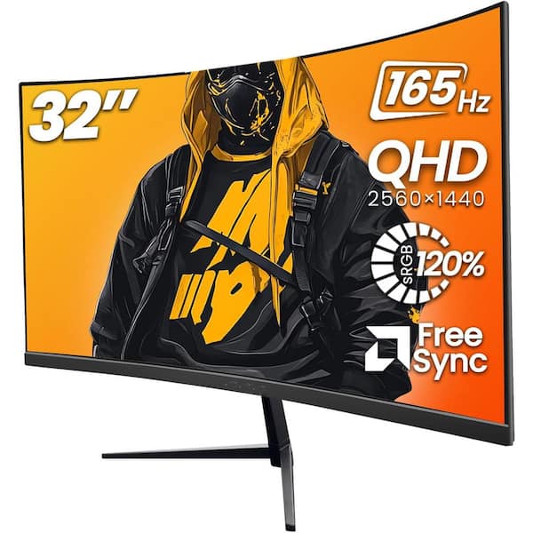 32 Inch Curved Gaming Monitor QHD 2560x1440P 165Hz FreeSync 120% sRGB Low Blue Light HDMI DP Wall Mountable Black