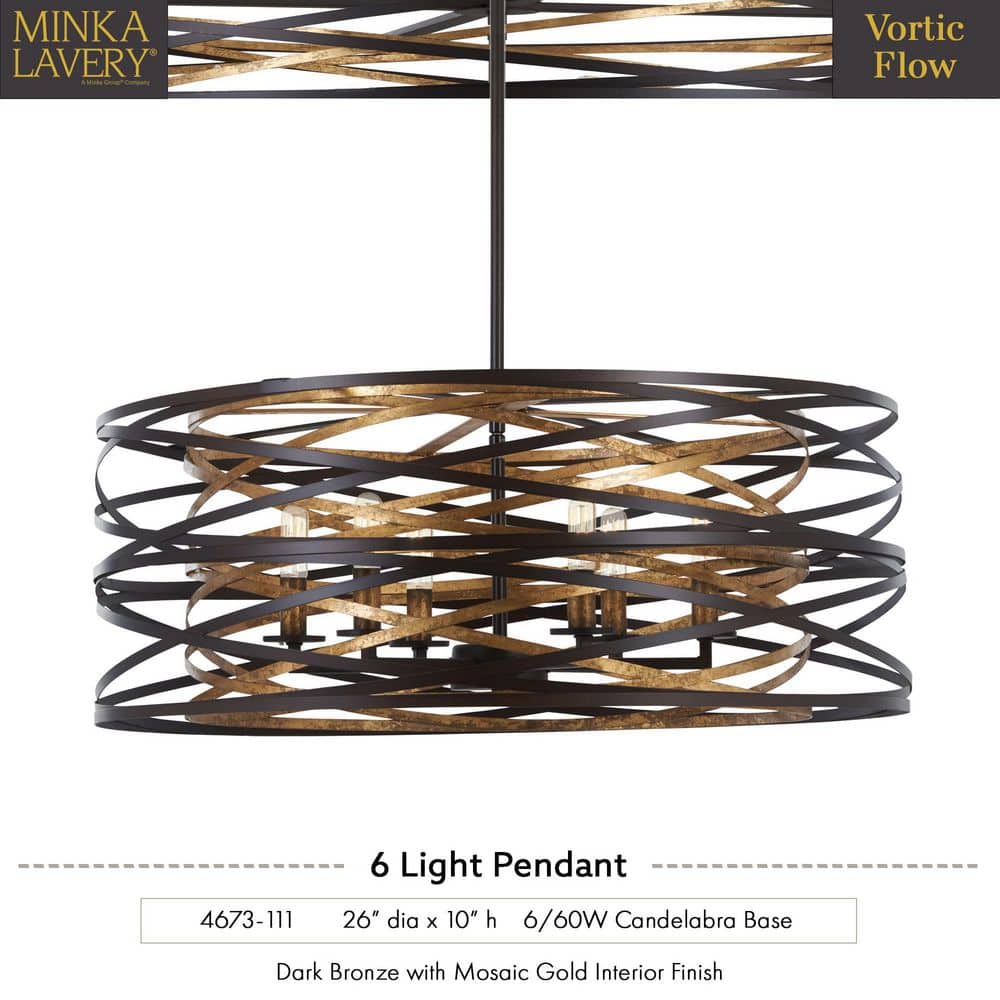 Vortic Flow 6-Light Contemporary Pendant in Dark Bronze with Mosaic Gold