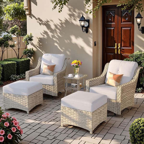 Toject Eureka Grey 5-Piece Modern Wicker Outdoor Patio Conversation Swivel Rocking Chair Seating Set with Light Grey Cushions