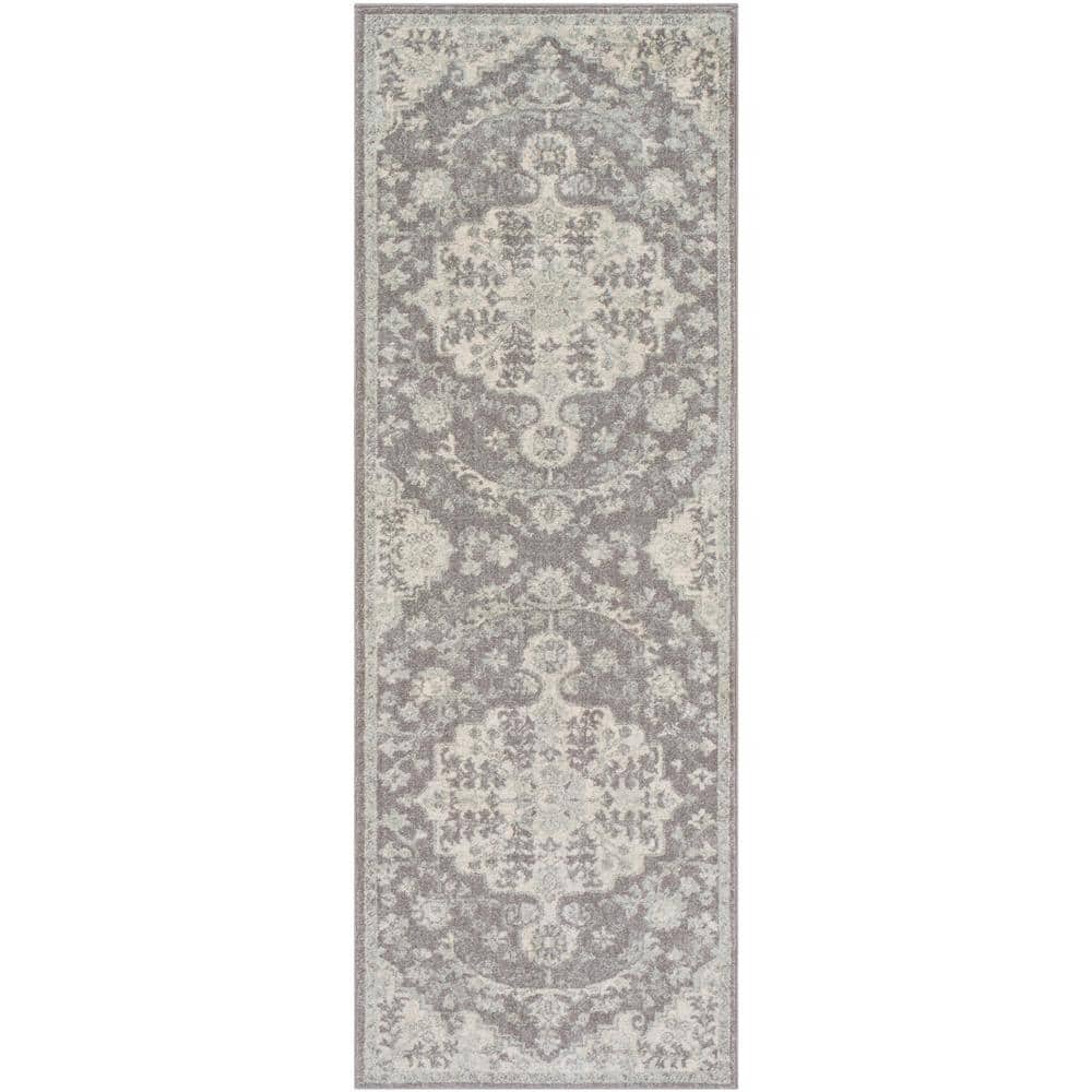 Gray Vintage Medallion Polypropylene Runner Rug, 2'7" x 7'3"