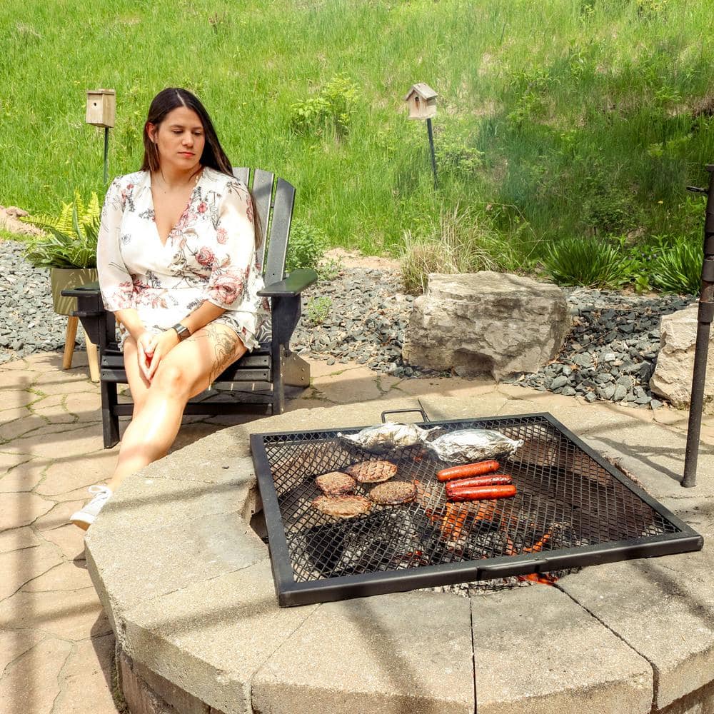 Heavy-Duty Black Steel Square Fire Pit Cooking Grill with Handles