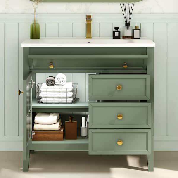 36 in. Single Sink Freestanding Green Bath Vanity with White Ceramic Top, Motion-sensor Light, Drawers