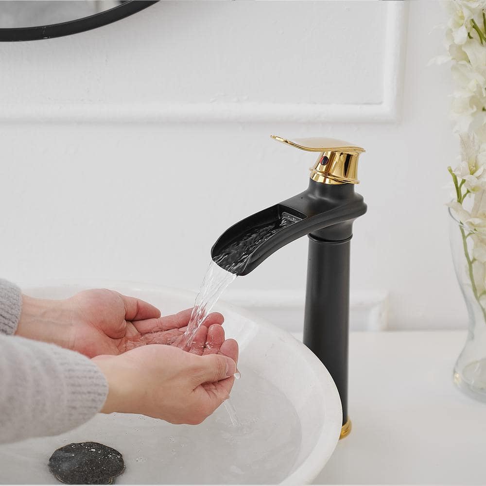 Gold and Black Waterfall Single Handle Bathroom Vessel Faucet