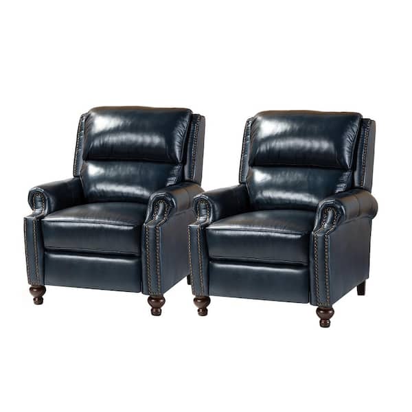 JAYDEN CREATION Elisabete Modern Retro Navy Nail Head Trim Genuine Leather Cigar Recliner with Tapered Birch Wood Legs (Set of 2)