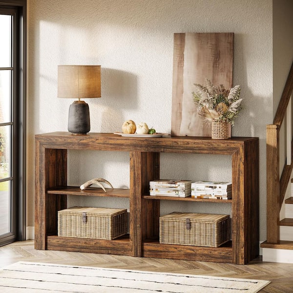 Turrella 59 in. Rustic Brown Rectangle Wood Console Table, 3-Tier Entryway Table with Storage for Entryway, Living Room