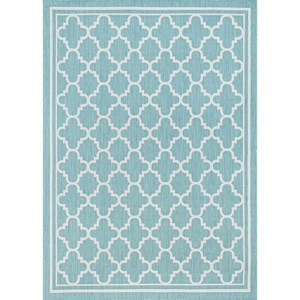 Tayse Rugs Eco Geometric Aqua 9 ft. x 12 ft. Indoor/Outdoor Area Rug