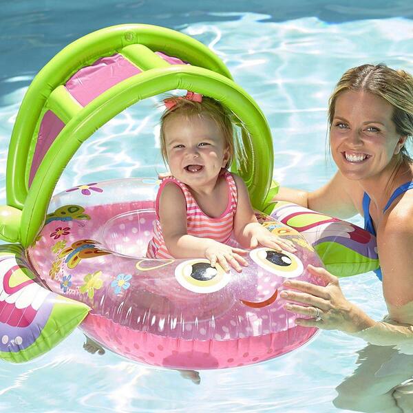 Extra-Wide Inflatable Pool Float Pink Aqua Leisure-Domestic Toys SSP10153 6 to 18 Months SwimSchool Bouncing Butterfly Baby Boat with Adjustable/Retractable Canopy UPF 50
