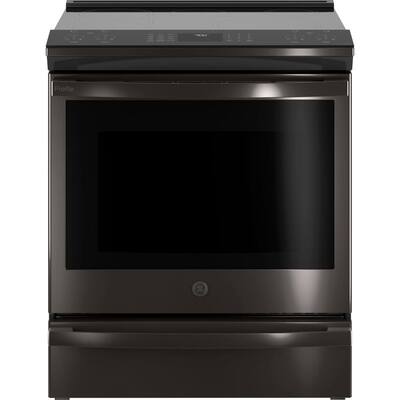 Profile 5.3 cu. ft. Smart Slide-in Electric Range with Self Cleaning Convection Oven in Black Stainless Steel