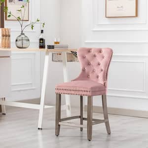 Harper 24 in. High Back Nail Head Trim Button Tufted Pink Velvet Counter Stool with Solid Wood Frame in Antique Gray