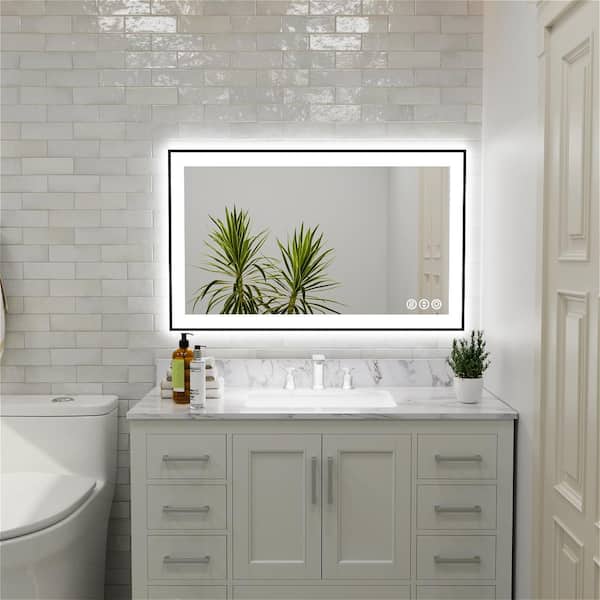 MYCASS 40 in. W x 24 in. H Modern Framed Wall Mounted Anti-Fog Dimmer Touch Sensor Bathroom Vanity Mirror in Matte Black