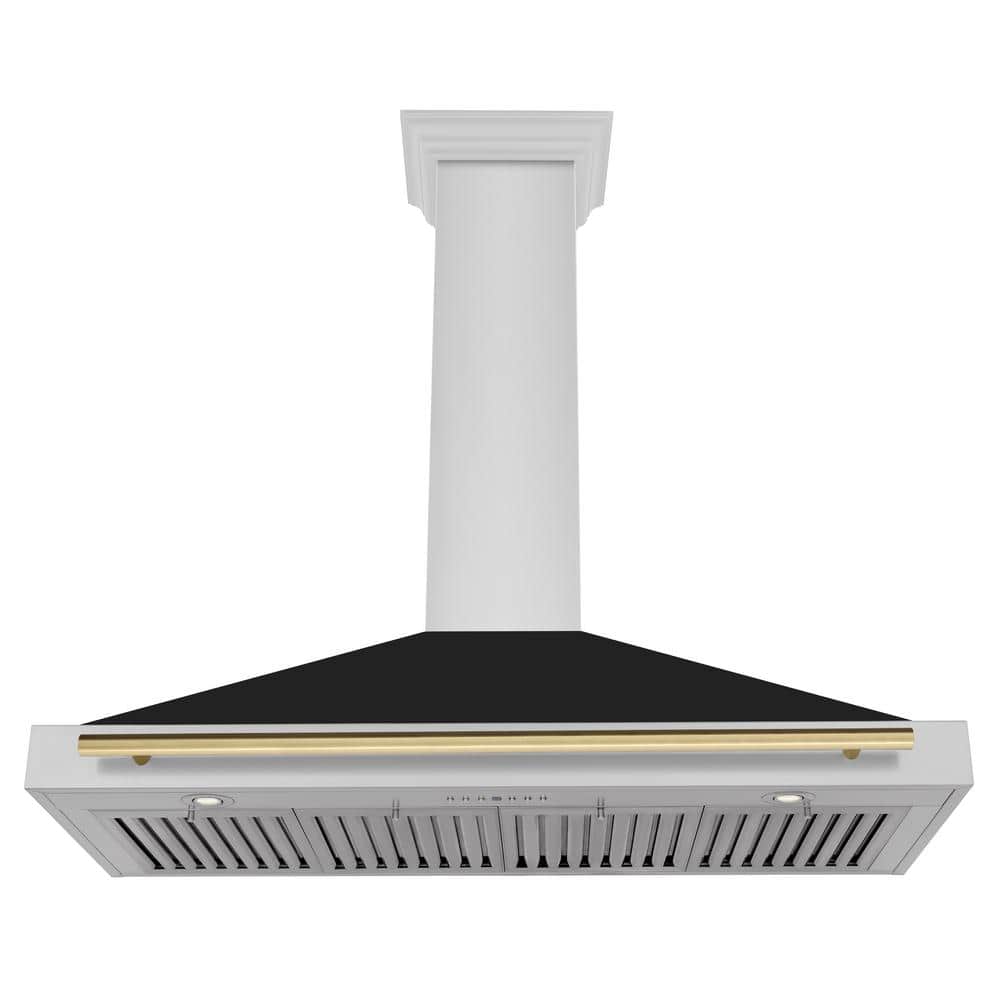 36'' Stainless Steel and Black Matte Convertible Range Hood with Gold Handle