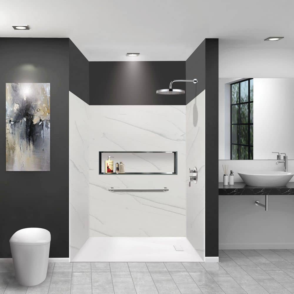 Lusso 60 in. x 60 in. x 72 in. 3-Piece Glue-Up Solid Surface Alcove Shower Wall Surround in Palladio White price history on PriceWatchPro
